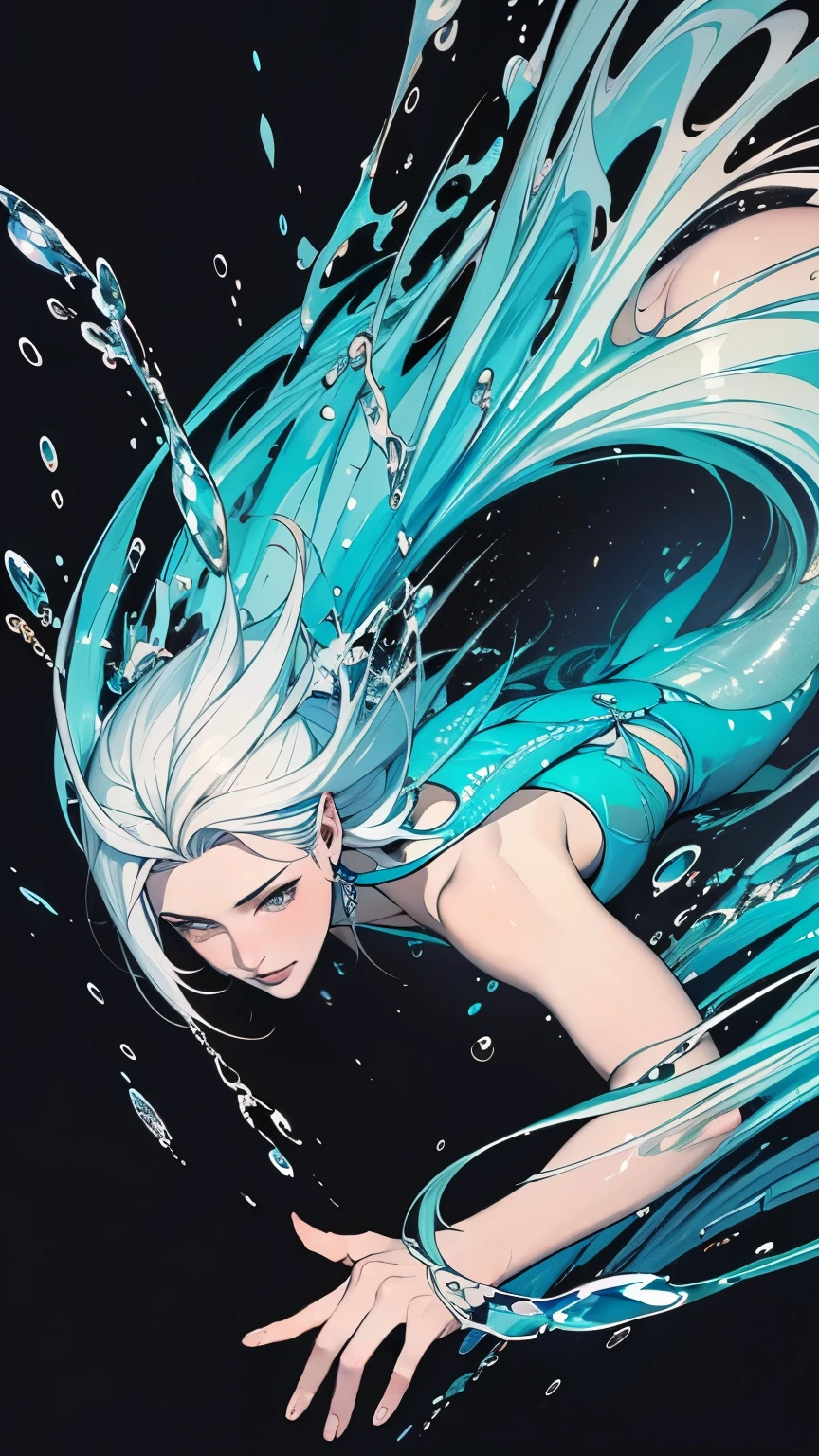 (masterpiece, highest quality), Very detailed, ((Dark Mercury Oceanから生まれ出る光り輝く女性、whole body、My feet are immersed in a sea of mercury))、Small breasts, Expose your shoulders, short hair, Opal Sparkle Feather, metal ornaments, Rainbow colored water droplets, (Mercury particles), (Mercury Vortex), Particles of light, (Fractal Art: 1.2), (Glass gloss gradation: 1.1) Flowers, (Dynamic pose), (Abstract background: 1.3) , (Shiny skin), (Mercury Droplets)、((Dark Mercury Ocean)), ((Blank background))、((A gradient background with white on top and black on the bottom))、