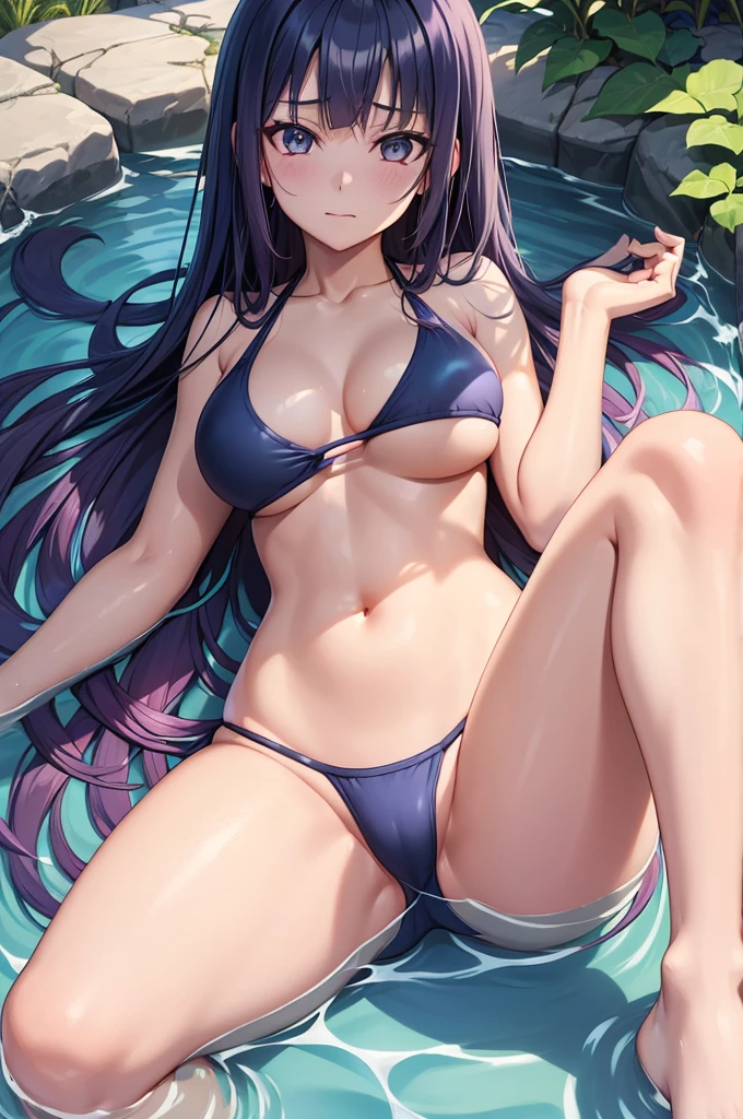 1girl, 1girl hinata full body, Hinata Hyuga, Hinata Hyuga naruto shippuden, hyuga hinata, (anime: naruto), adorable, female body, perfect body, fullbody, lavender gentle eyes, dark blue hair, dark blue long hair, beautiful, perfect body, swimsuit, female swimsuit, onepiece swimsuite, one piece bathingsuit, beautiful woman body, hinata, ultrasharp, 4k picture, highly detailed, stunning