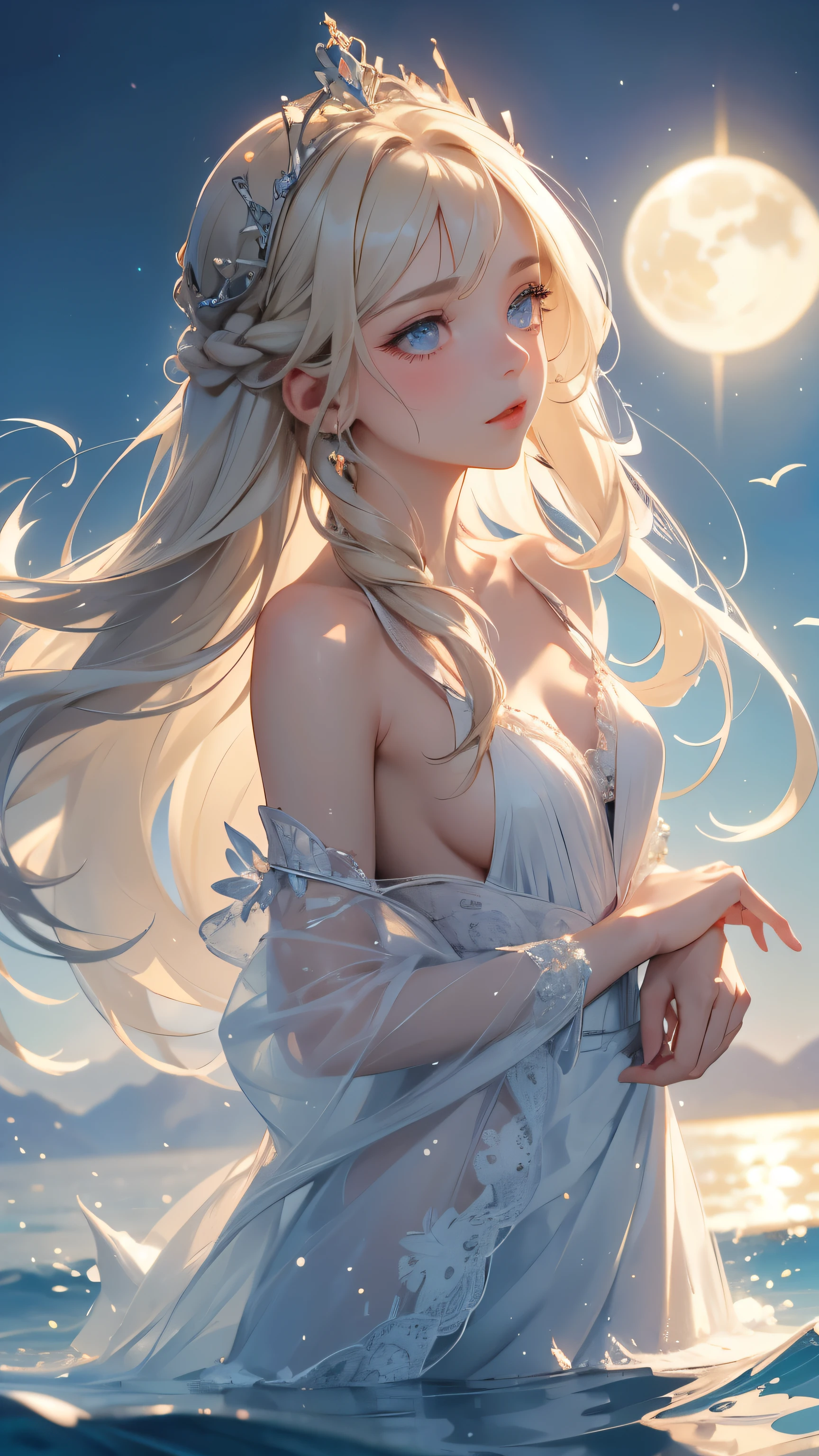 ,((highest quality))),8k,((masterpiece)),(Very sophisticated and beautiful), A completely naked girl emerges from the sea, The Swan Princess of Russian Mythology, Beautiful calm face, blue eyes, Long blonde hair braided, Moon braid at the back of the head, With a kokoshnik crown on his head、White and shiny old Russian see-through, Loving eyes, Half-laugh, There was a gentle look on his face, Background seascape and sunlight, Seagulls in the sky, full length, realism,Completely naked