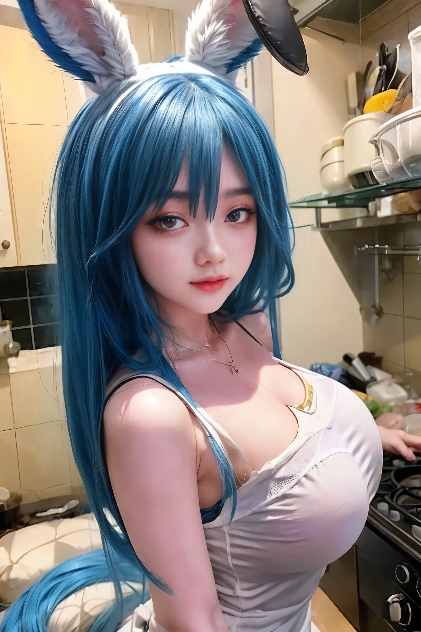 anime girl with blue hair and bunny ears posing in a kitchen, beautiful blue haired girl, seductive anime girl, beautiful anime girl, detailed digital anime art, anime style 4 k, pretty girl with blue hair, attractive anime girl, girl with blue hair, anime girl, pretty anime girl, cute anime girl, beautiful anime woman, beautiful alluring anime woman