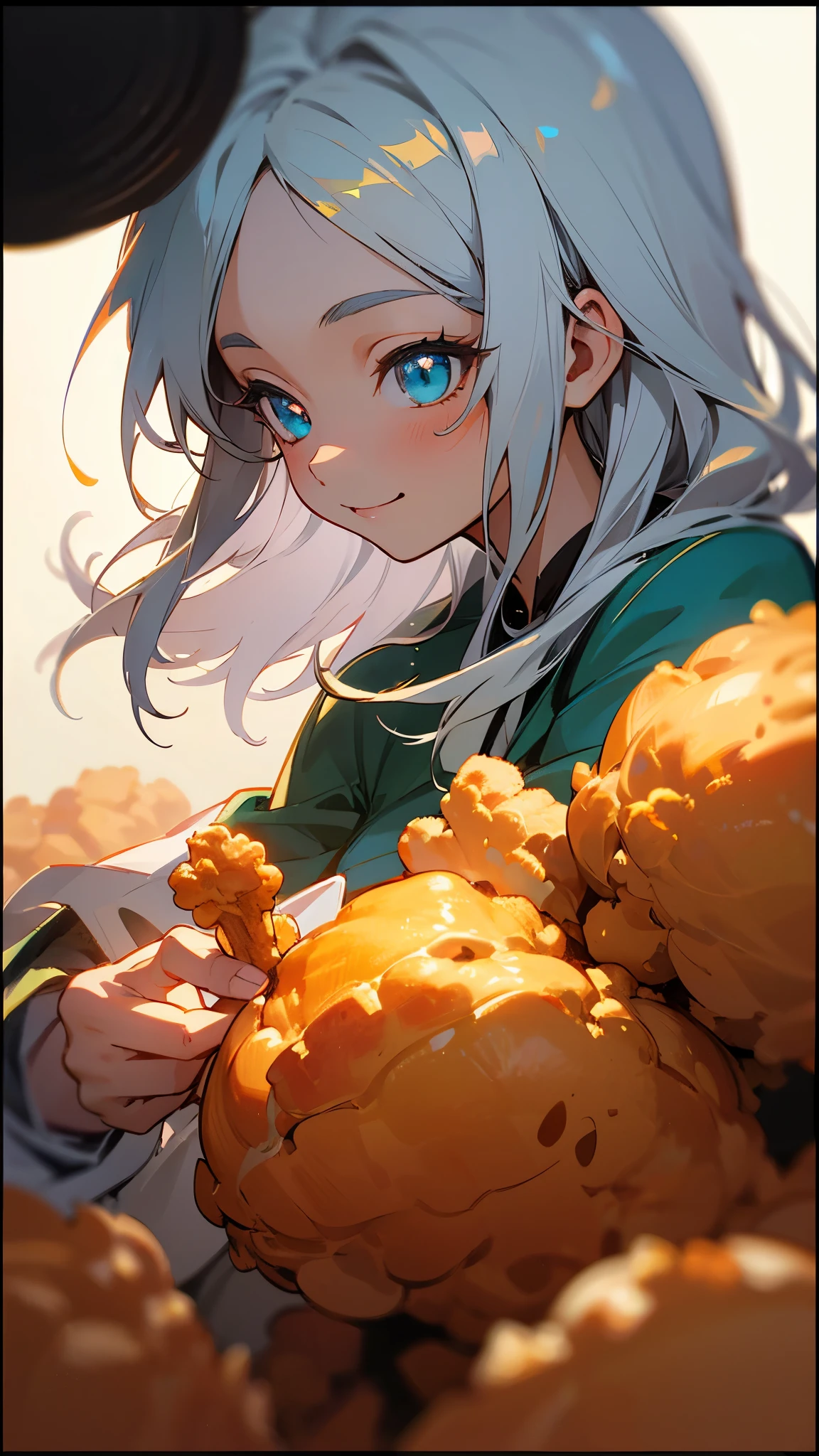 16-year-old girl、Anime style painting、Upper body close-up、smile、From the side, impression, (Oil), Green and orange tones、Silver Hair, (Sparkling blue eyes)、Eat fried chicken、Delicate contours、Background Blur, Depth of the drawn border
