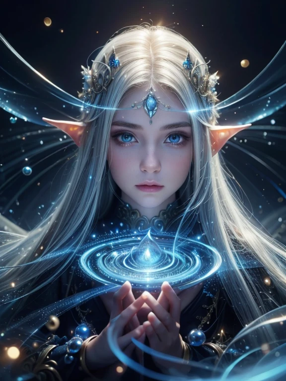 (Best quality, 4k, High-resolution, Masterpiece:1.2), Ultra-detailed, Realistic, Radiant lighting, Epoch Elves, White Hair, Dodger Blue Eyes, Fantastical colors, Fine art, Ethereal beings, Dreamlike, Whimsical creatures, Detailed facial features, Glowing eyes, Elven beauties, Ethereal glow, Mythical creatures, Harmonious composition, Dazzling colors, Stunning visual effects, Otherworldly appearance, Mesmerizing artistry, Full Body, No Blur Filter