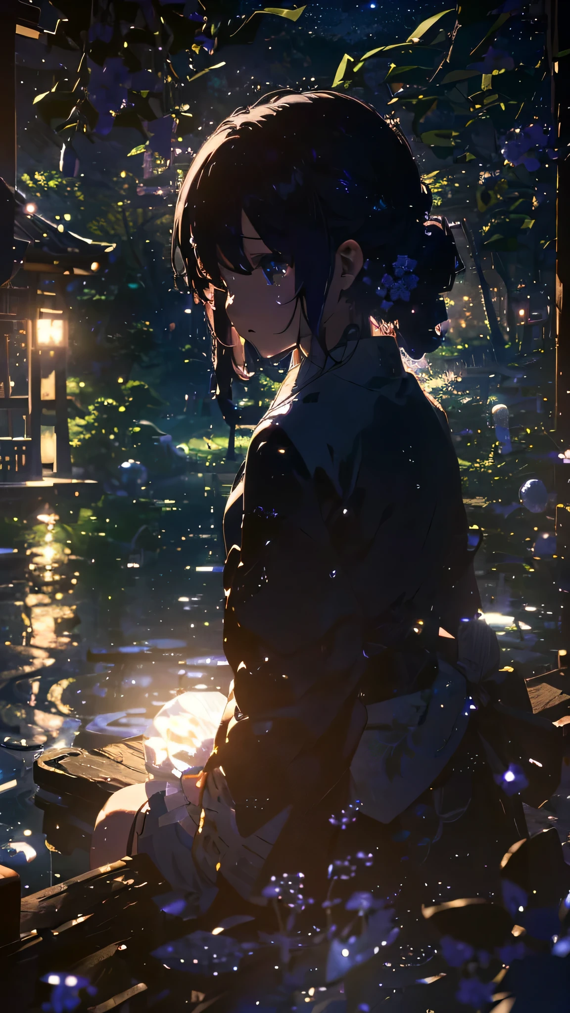 (Official Art、highest quality、Unity 8K Wallpaper、masterpiece、Absurd、Ultra-detailed、超A high resolution:1.2)、(Highly detailed and intricate 3D rendering)、Beautiful face and eyes in every detail、Slender、Medium Bust、(whole body:1.2)、(Side Shot、Look up at the moon、avert your eyes:1.2)、(Mysterious)、Beautiful Face、Blurred Background、Beautiful girl、Tears、Japanese garden、Cowboy Shot、Sitting on the porch、A full moon floating in the sky、moon