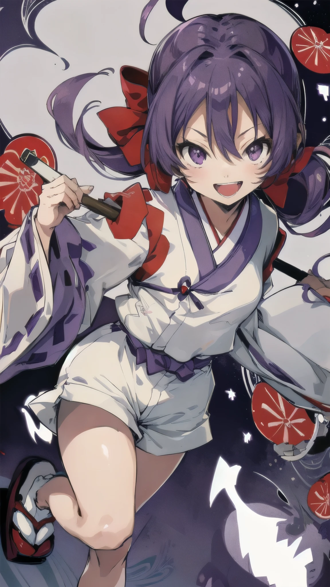 masterpiece, highest quality,1girl,purple hair,pony tail, red hair ribbon,japanese clothes,shorts,smile,open mouth,running form,A Swarm of Yokai