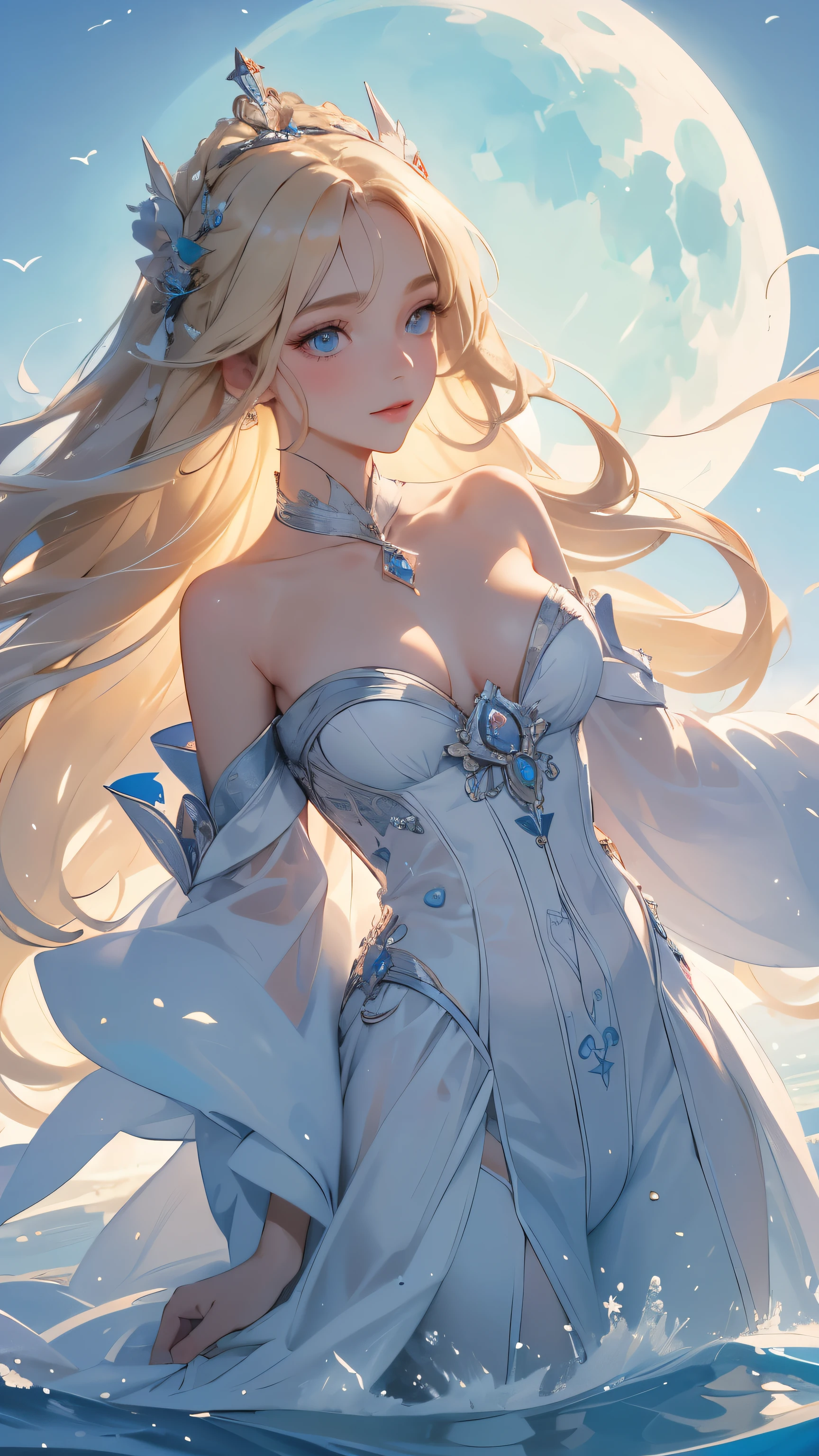 ,((highest quality))),8k,((masterpiece)),(Very sophisticated and beautiful), A completely naked girl emerges from the sea, The Swan Princess of Russian Mythology, Beautiful calm face, blue eyes, Long blonde hair braided, Moon braid at the back of the head, With a kokoshnik crown on his head、White and shiny old Russian see-through, Loving eyes, Half-laugh, There was a gentle look on his face, Background seascape and sunlight, Seagulls in the sky, full length, realism,Completely naked