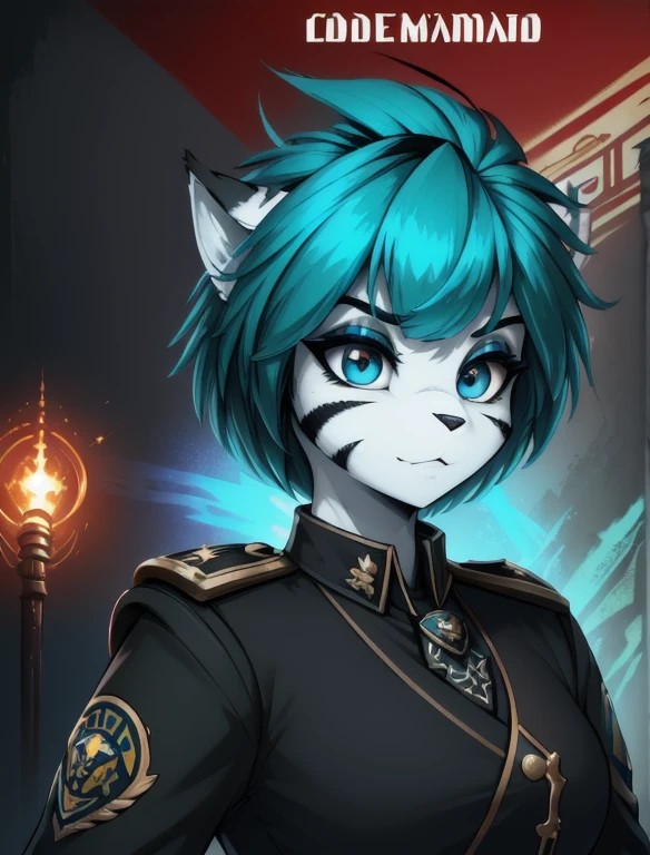 Warhammer_40 thousand_Commissar,((masterpiece)), (Best quality), (detailed), Black uniform, mascara, Eyeliner, eyeshadow, Upper body, pomade, женщина anthro furry tiger, Propaganda poster, wicked, bristle,
 (8k contract, masterpiece, Best quality, High quality, absurdity, ultra-detailed)