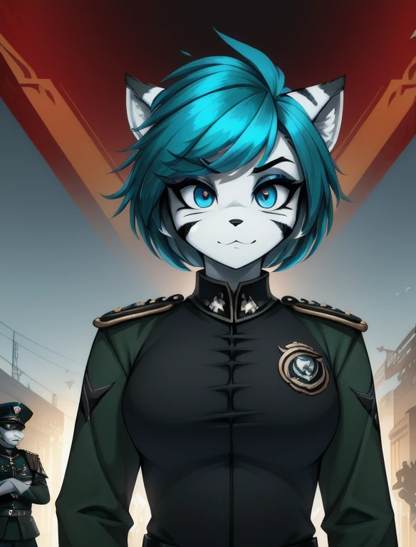 Warhammer_40 thousand_Commissar,((masterpiece)), (Best quality), (detailed), Black uniform, mascara, Eyeliner, eyeshadow, Upper body, pomade, женщина anthro furry tiger, Propaganda poster, wicked, bristle,
 (8k contract, masterpiece, Best quality, High quality, absurdity, ultra-detailed)