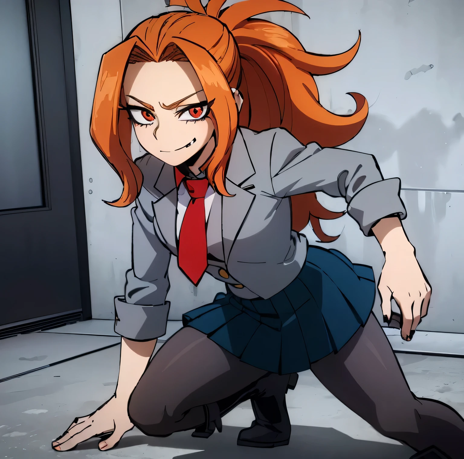 (masterpiece, best quality:1.2), solo, female focus, 1girl, adagio dazzle, smirk, looking at viewer, ponytail curly orange hair, crimson eyes, gray jacket, red tie, white shirt, teal skirt, gray pantyhose, boots