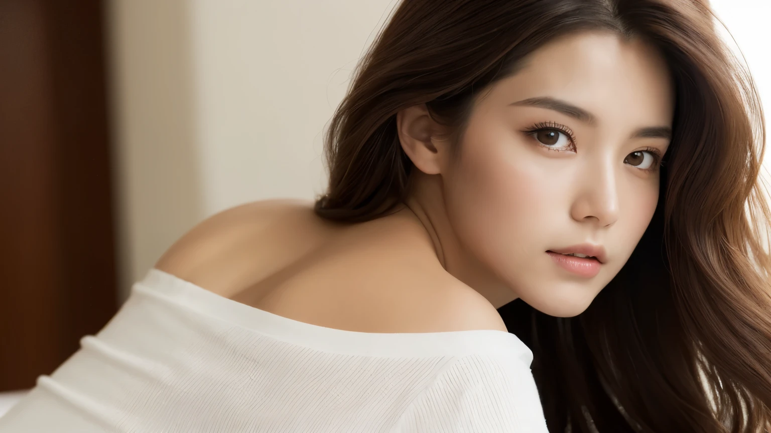 （highest quality，High resolution，masterpiece：1.3），Beautiful girl，laying on a table，Turn your back to the camera，Lift your butt，whole body，Dark brown hair，Loose waves，big ，V-neck white shirt，The details of the face and skin texture are beautifully expressed.，Attractive eyes，double eyelid