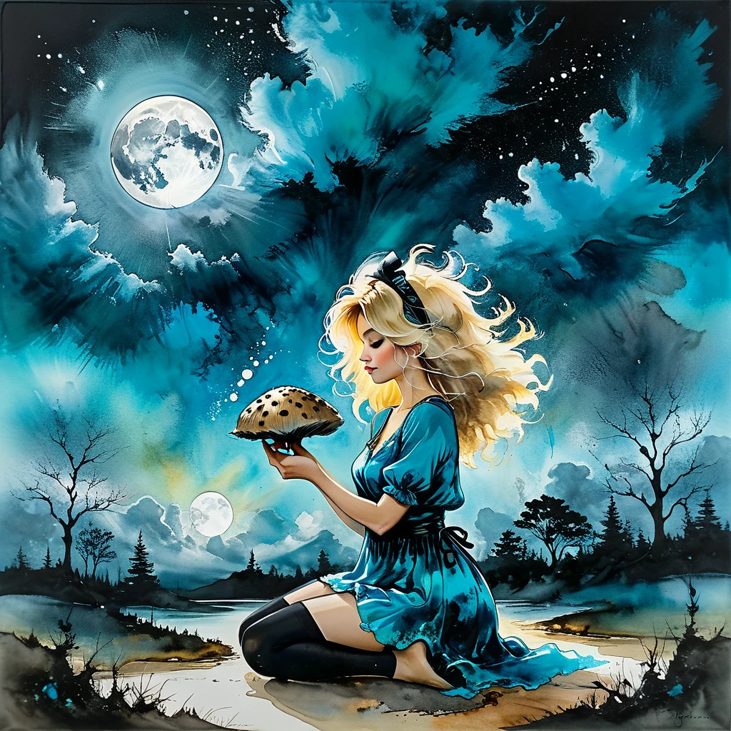 (The art of alcohol ink), the painting is painted with alcohol ink on textured paper and depicts a beautiful minimalistic landscape with a beautiful blonde woman with big messy hair, thin black headband, a short blue dress, white stockings, kneeling, holding a glowing mushroom in her hands, in the background a gloomy sky with clouds and gloomy moon, the painting is made with alcohol ink, the work of a master, clear contours, 32k