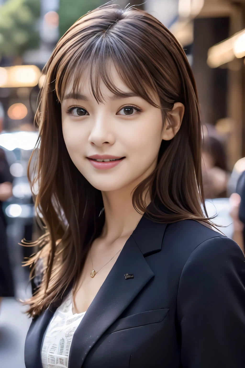 Tabletop, highest quality, Realistic, Very detailed, finely, High resolution, 8k wallpaper, 1. Beautiful Women,, Light brown messy hair, Wearing a business suit, Sharp focus, Perfect dynamic composition, finelyて美しい目, Thin Hair, Detailed and Realistic skin texture, smile, Close-up portrait, Model Body Type