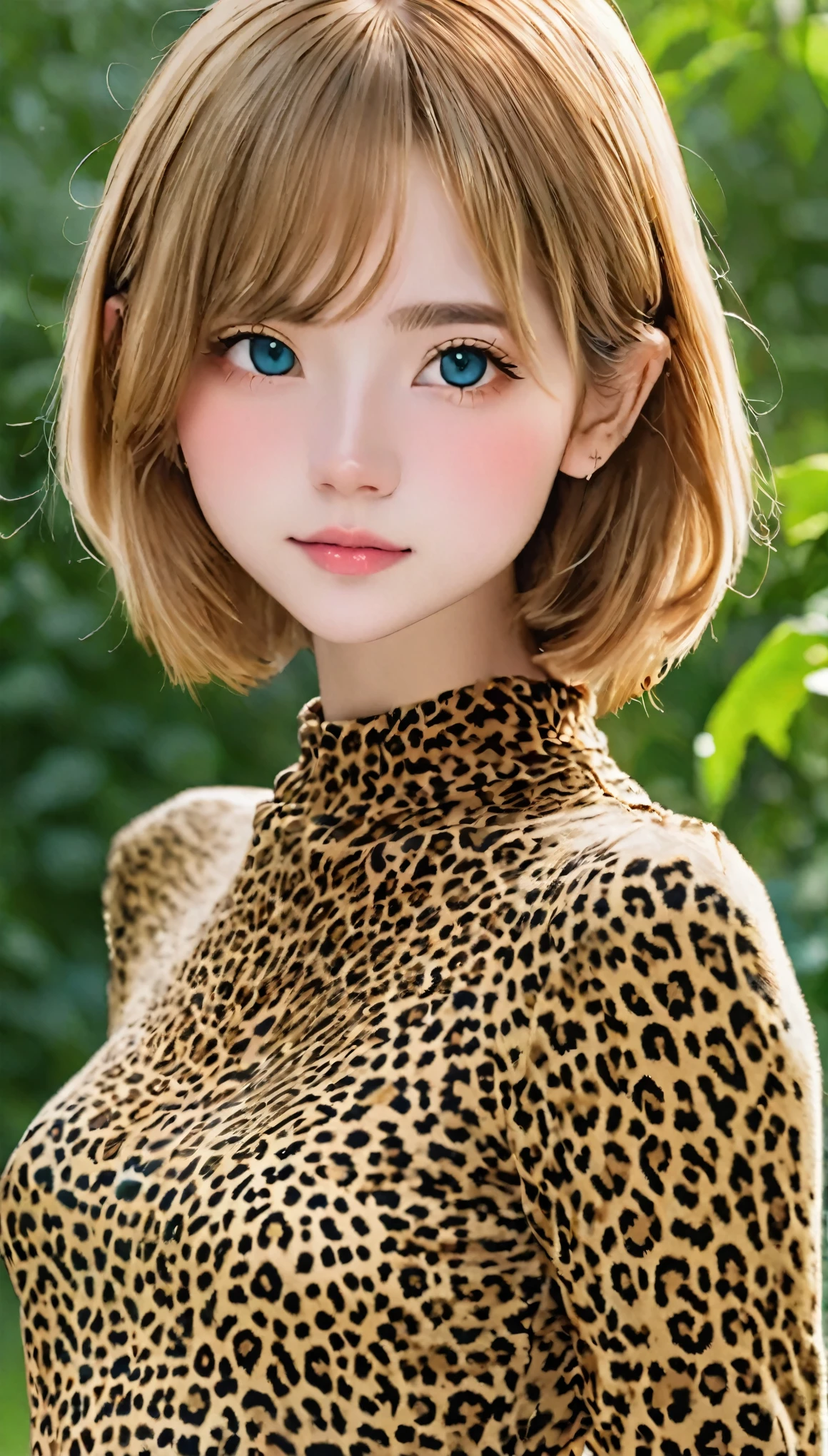 Girl taking a photo wearing a leopard print top、15Year old girl、Upper body angle、Upper body angle、A fitted leopard print top、Small size tops、Clear body lines、Fashion Model、Beautiful Style、Attractive look、Clear body lines、Great style、Moderate breasts、Constricted waist、Random pose、Dim background、highest quality、Masterpiece
