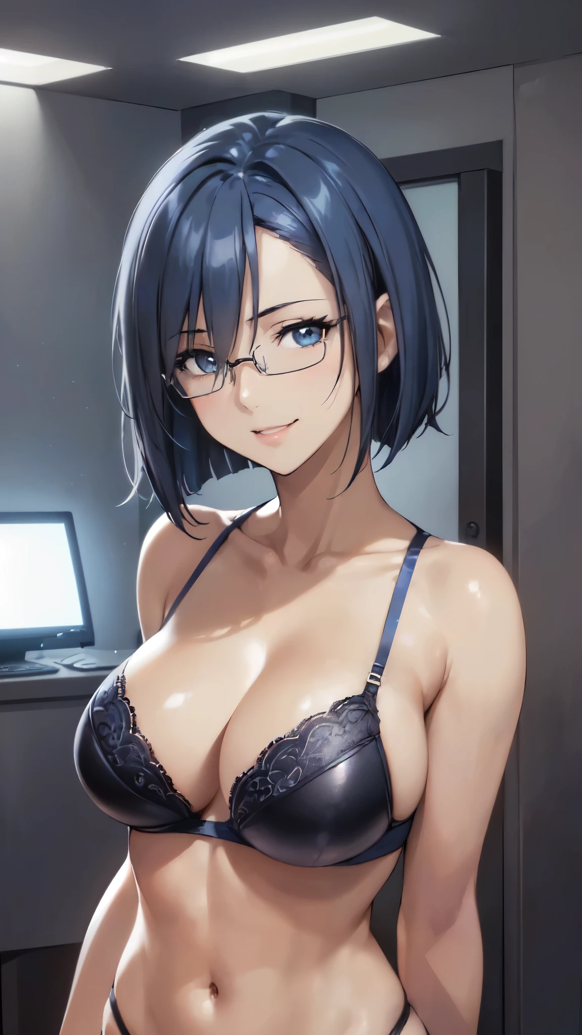 (Upper Body:1.4),anime,(masterpiece:1.4),Portraiture, Realistic, blue eyes,(Perfect female body:1.4),(curve,model,glamorous:1.4),(dark blue hair:1.5),(slender:1.4),(bob cut:1.2),(one side up:1.4),(dark blue hair:1.4),(short hair:1.3),(shiny oiled skin),(arms behind head:1.4),(clavicle,head:1.4),(Beautiful breasts:1.4),(Large Breasts:1.4),(Dark blue hair:1.4),(Bright colors:1.4),(Rimless Glasses),(Shoulder length:1.4),(Turn away:1.3),(bikini:1.3),(Black Bra,Black underwear:1.5),(30 years old:1.4),8K resolution, High quality CG, Beautiful CG,(slim:1.4),Soft Light,(smile:1.3),(Ultra-high resolution),Highly detailed CG Unity 8k wallpaper,(美的animeの目:1.3),(Inside the spaceship:1.3),(Black Lingerie:1.5),bed,