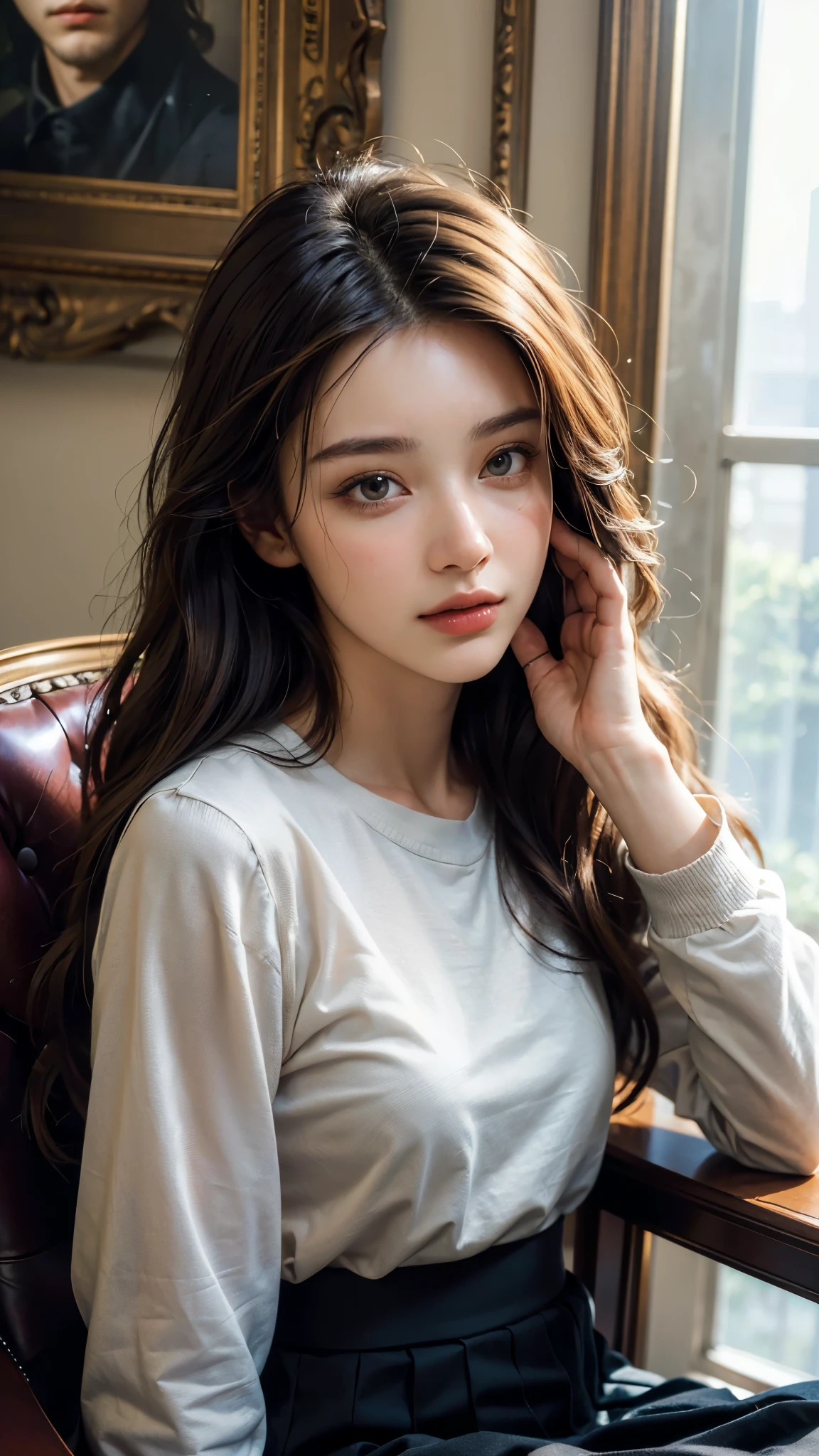 highest quality, masterpiece, Ultra-high resolution,(((Face Focus:1.6))) (Realistic:1.6), (Portrait of a man sitting on a room hunting chair) RAW Photos, 1 girl, 24-years-old,((A long-sleeved shirt and a long skirt in a black base that doesn&#39;t reveal much)),((Short Dark Purple Hair)),,((Portrait facing the viewer)),Realistic,((background)), Image Media Chest)),((Smiling with teeth showing)),