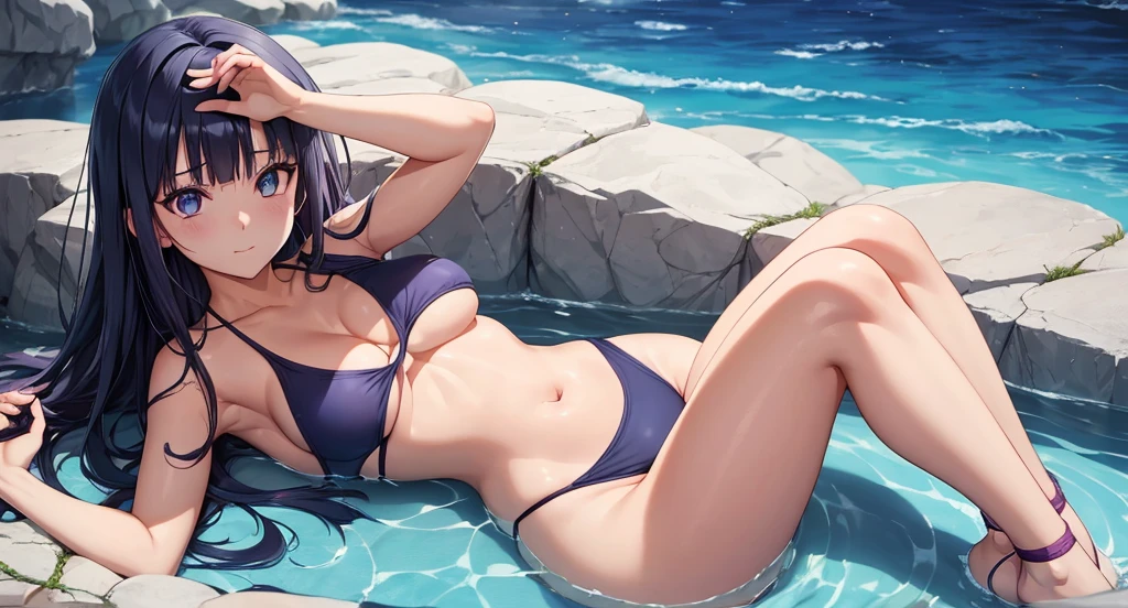 1girl, 1girl hinata full body, Hinata Hyuga, Hinata Hyuga naruto shippuden, hyuga hinata, (anime: naruto), adorable, female body, perfect body, fullbody, lavender gentle eyes, dark blue hair, dark blue long hair, beautiful, perfect body, swimsuit, female swimsuit, onepiece swimsuite, one piece bathingsuit, beautiful woman body, hinata, ultrasharp, 4k picture, highly detailed, stunning