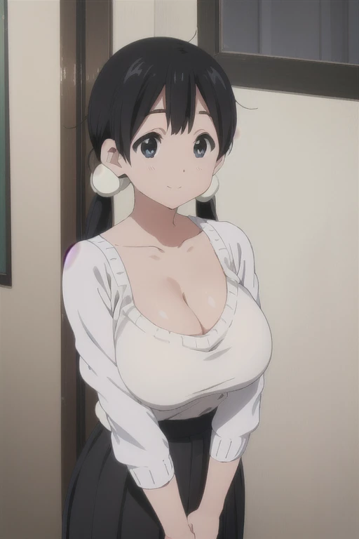 (((Pixel Perfect, Perfect in every detail))), alone, One girl, tamako kitashirakawa, , View Viewer, smile, (Huge breasts:1.5)、(White short sleeve knit vertical sweater、Round neck、Cleavage-revealing tops、Black long tight maxi skirt)