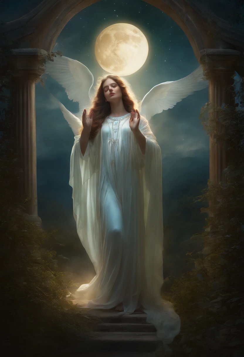 Spirit of Holy virgin, hollow style, transparent style, ghostly view, exalt pose, full moon atmosphere