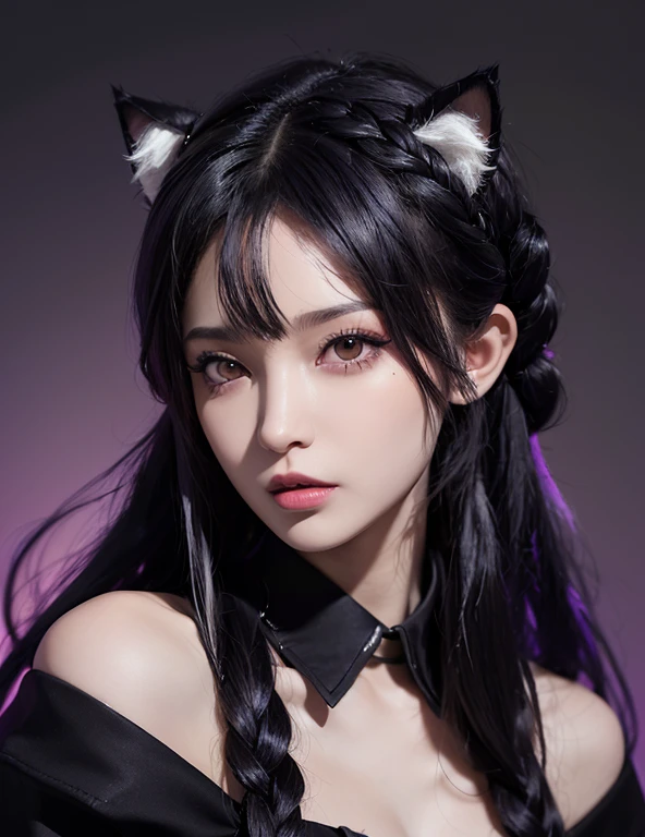 masterpiece, Top quality, high resolution, Super Detail, Plane lighting, 1 girl, 15 year old girl, viewfinder, Medium-length hair, Black Purple Hair, Straight Hair, black purple cat ears, Small white ear velvet, shiny hair, black eyes, Black purple fashion, The End, tiny braids,Braids on both sides of the face