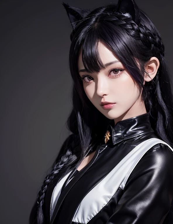 masterpiece, Top quality, high resolution, Super Detail, Plane lighting, 1 girl, 15 year old girl, viewfinder, Medium-length hair, Black Purple Hair, Straight Hair, black purple cat ears, Small white ear velvet, shiny hair, black eyes, Black purple fashion, The End, tiny braids,Braids on both sides of the face