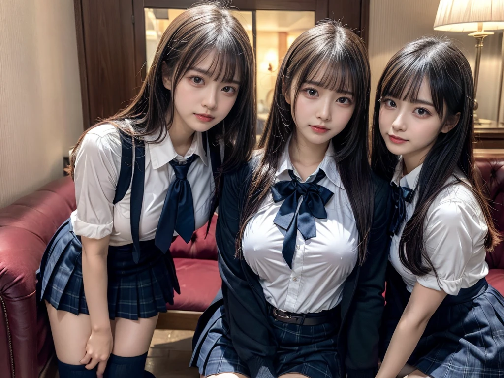(8K, Raw photography, top-quality, masterpiece:1.2), master piece, best quality, illustration, Super detailed, fine details, High resolution, 8K,wall paper, perfect dynamic composition,(Details High quality, realistic depiction of eyes:1.3), ((2 girls, 2 schoolgirls)), The background is a luxury hotel room、High school girl uniform、blazer 、Super Short Check Uniform Skirt、Navy blue high socks、garterbelts、Colossal tits、Disturbed uniform, Play with each other,Touching each other's bodies,Touching the body of the girl next door, short bob hair, black hair color, huge breasts, Big Natural Color Lip, bold sexy pose, (perfect body shape), crying a little、cold gaze, Beautiful makeup,glitter makeup,Cutest 18 years old, beautiful legs, hposing Gravure Idol, Voluptuous thighs