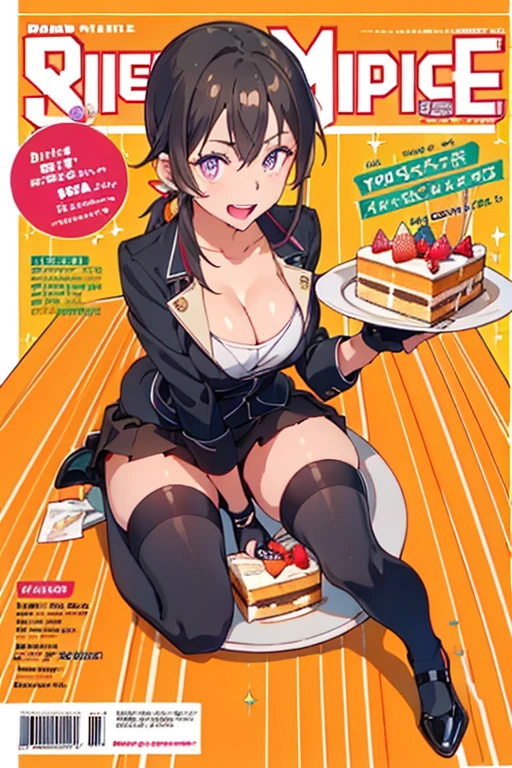 1 girl, small nose, very beautiful detailed face and eyes, bright colors, cute face, delicate beautiful face, Bright magenta eyes, cute eyes, sparkling eyes, Big eyes, (big breasts:1.3), (perky chest:1.1), (pointed chest:1.0), (cake magazine cover:1.3),highest quality, WorKs of masters, High resolution,BlacK color hair,shiny hair, side ponytail,hair between eyes,bangs, (black jacket, real clothes, cleavage, black skirts, black thighhighs, thigh strap, fingerless gloves, single glove:1.2) , spread legs, panties shot, medium hips, glamorous body, white skin, smile, thin pubric hair, super beautiful face, Super beautiful eyes, Super beautiful hair,trendy outfit,sexy and attractive,full body esbian, Real World, Natural light,perfect Natural light,(with sparkling eyes and a contagious smile), This masterpiece is not only visually stunning but also tells, make of cake cooking , in the kitchen, open mouth, looking at viewer,