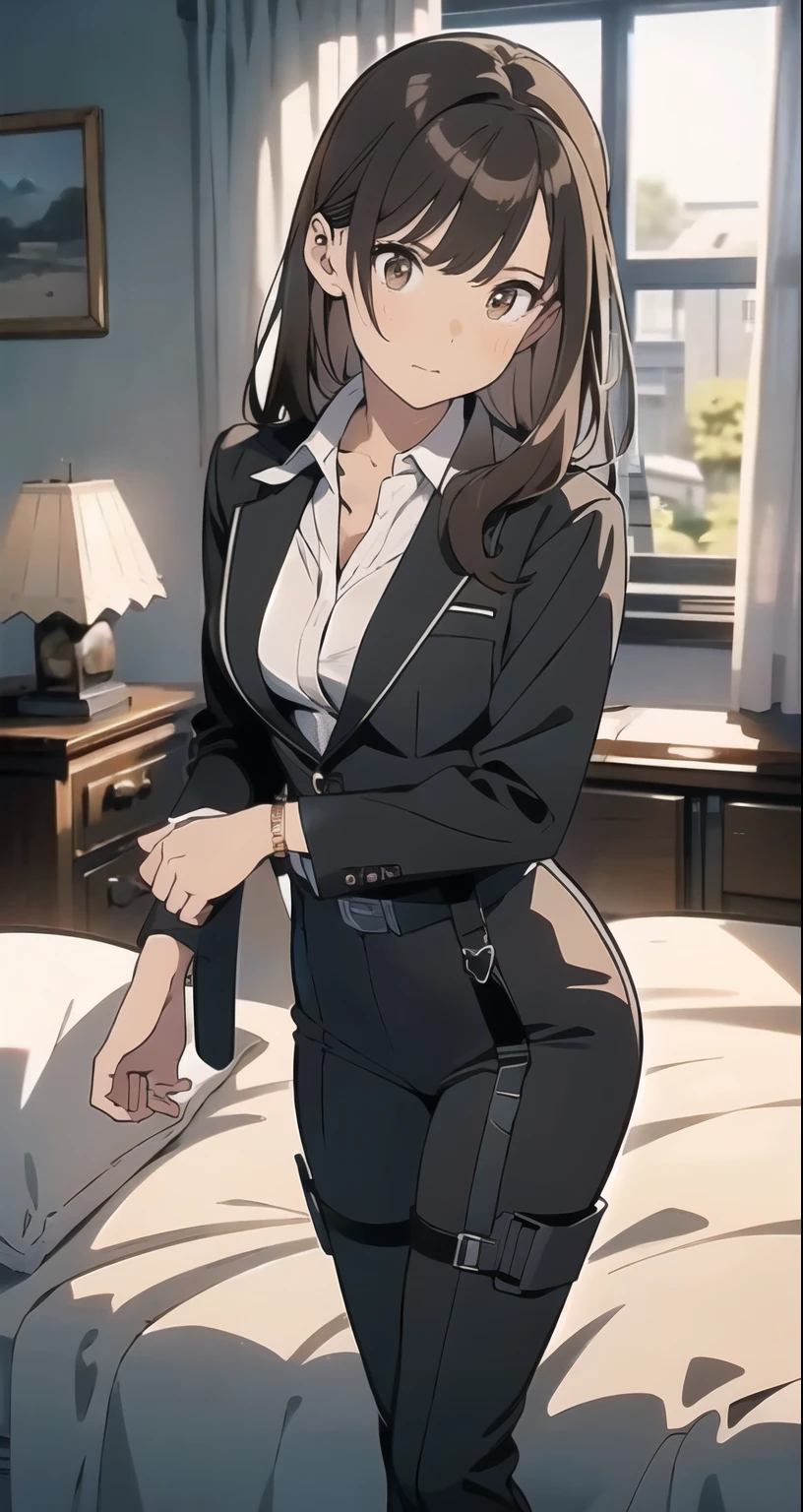 Brown Hair、Staring at the audience　　　Black suspenders　　　bulging big breasts　　 　 　　　wall: 　Black pantsuit　　　　　　sight　　　Small face　 　　　holster　　　Beautiful woman　　Show your hand　　 Lying in bed　　sight 　　Taunt　side　side汗 　arm　Dress shirt　Black Suit　belt