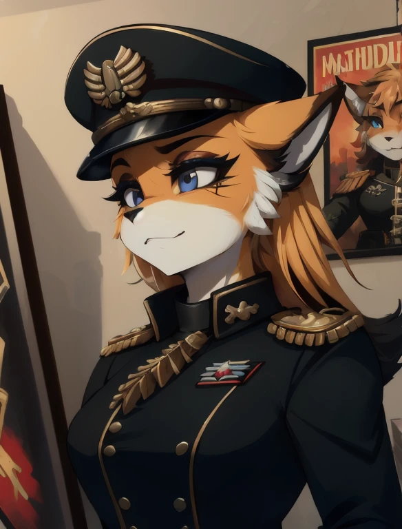 Warhammer_40 thousand_Commissar,((masterpiece)), (Best quality), (detailed), Black uniform, mascara, Eyeliner, eyeshadow, Upper body, pomade, женщина anthro furry fox, Propaganda poster, wicked, bristle,
 (8k contract, masterpiece, Best quality, High quality, absurdity, ultra-detailed)