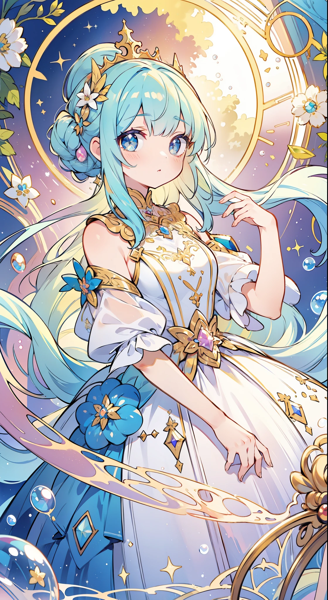 masterpiece, best quality, 8k resolution, sharp focus, intricate detail, beautiful girl, sparkling eyes, golden ratio face, otherworldly liquid, watercolor, pastel colors, bright colors, whimsical, colorful, sharp focus, high resolution, fine detail, princess fantasy ballgown, ((round eyes)), iridescent bubbles