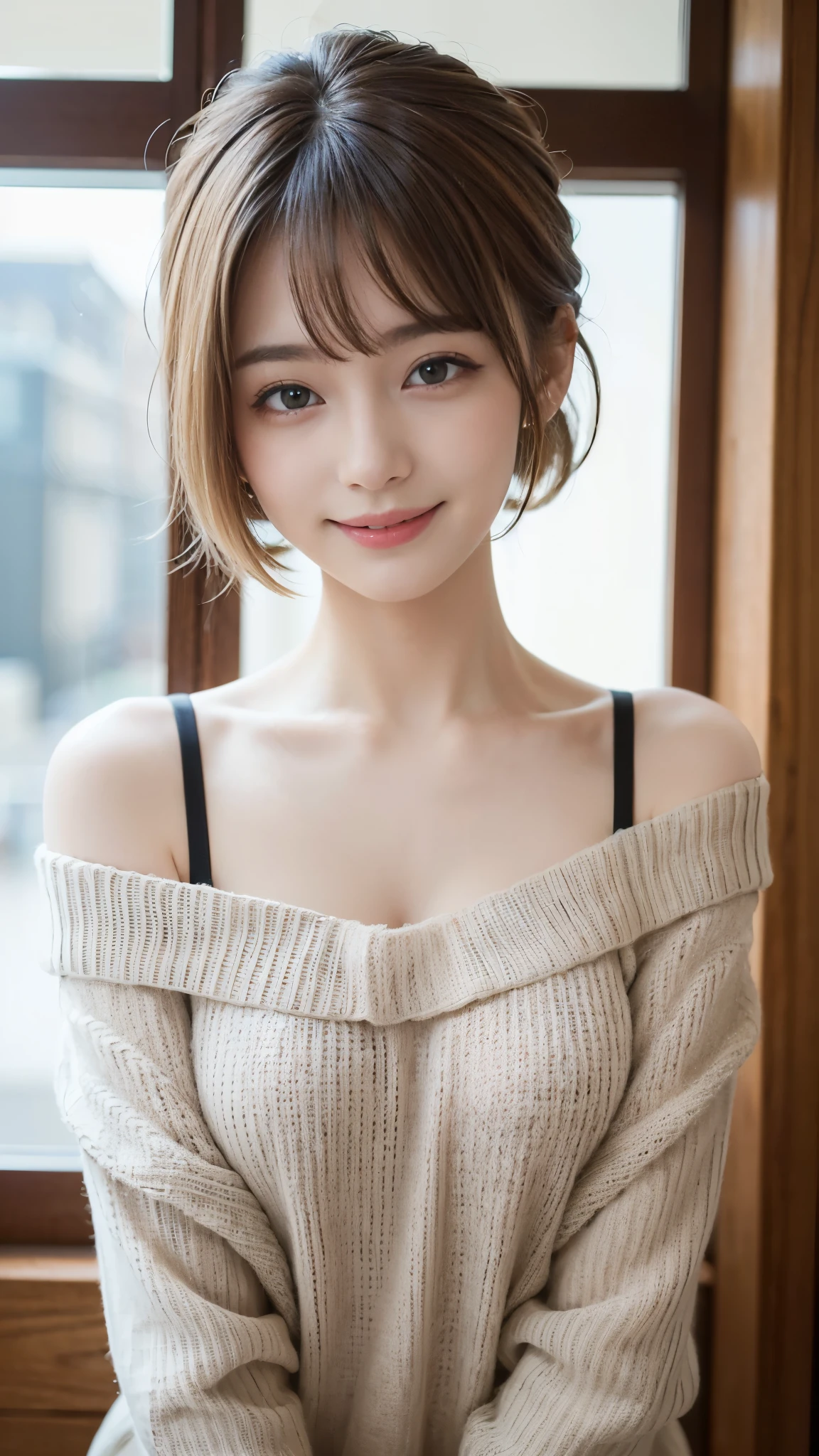 ((highest quality、Masterpiece、High resolution))、(((Zoom photo of upper body)))、(A shy smile:1.2)、One -yeld fee、Beautiful Skin、Beautiful Eyes、Large Breasts、Off-the-shoulder sweater、Blonde Hair、Trimmed bangs、Short Bob