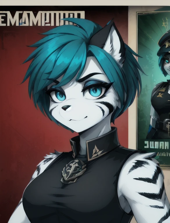 Warhammer_40 thousand_Commissar,((masterpiece)), (Best quality), (detailed), Black uniform sleeveless shirt , mascara, Eyeliner, eyeshadow, Upper body, pomade, женщина anthro furry tiger, Propaganda poster, wicked, bristle,
 (8k contract, masterpiece, Best quality, High quality, absurdity, ultra-detailed)