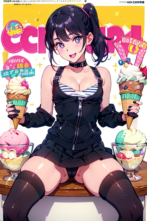 1 girl, small nose, very beautiful detailed face and eyes, bright colors, cute face, delicate beautiful face, Bright magenta eyes, cute eyes, sparkling eyes, Big eyes, (small breasts:1.3), (perky chest:1.1), (pointed chest:1.0), (icecream magazine cover:1.3),highest quality, WorKs of masters, High resolution,BlacK color hair,shiny hair, side ponytail,hair between eyes,bangs, (black jacket, real clothes, cleavage, black skirts, black thighhighs, thigh strap, fingerless gloves, single glove:1.2) , spread legs, panties shot, medium hips, glamorous body, white skin, smile, thin pubric hair, super beautiful face, Super beautiful eyes, Super beautiful hair,trendy outfit,sexy and attractive,full body esbian, Real World, Natural light,perfect Natural light,(with sparkling eyes and a contagious smile), This masterpiece is not only visually stunning but also tells, make of cake cooking , in the kitchen, open mouth, looking at viewer,