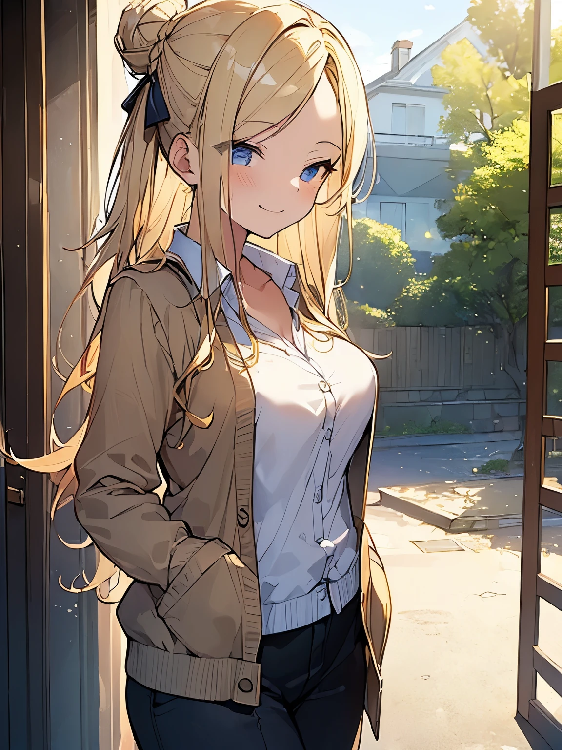 (Masterpiece, Top quality: 1.5), (looking away:1.3), beautiful girl, blond, walking, (one piece, cardigan:1.3) , blond hair, long hair, Tying a bun,15 year old, medium breasts, standard weight, Beautiful scene of a quiet residential area,(smile:1.2)