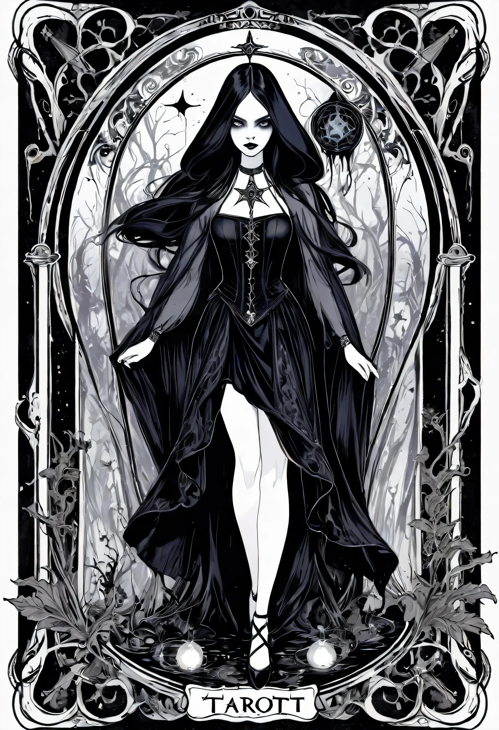 create a tarot card,dark, black and white, ink drawing, gothic, horror