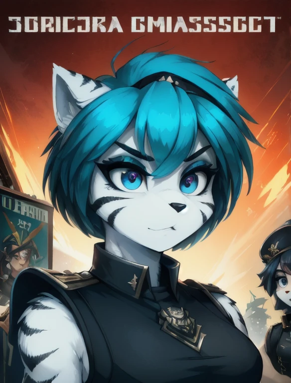 Warhammer_40 thousand_Commissar,((masterpiece)), (Best quality), (detailed), Black uniform sleeveless shirt , mascara, Eyeliner, eyeshadow, Upper body, pomade, женщина anthro furry tiger, Propaganda poster, wicked, bristle,
 (8k contract, masterpiece, Best quality, High quality, absurdity, ultra-detailed)