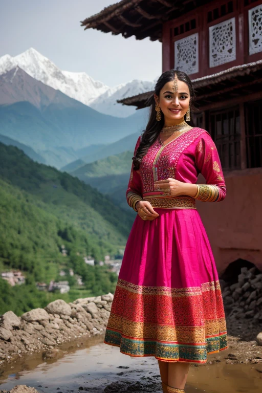Create a realistic and ultra-detailed photo featuring a Pahari girl with facial features similar to Preeti Zinta, ultra 4K lens, including beautiful small eyes, lips, and nose. She is dressed in traditional Himachali attire, standing in front of a traditional mud house with the stunning Himalayas in the background. The scene is set in a picturesque Himalayan village, showcasing the vibrant and colorful Himachali dress, rich in cultural detail. Capture the essence of the Gaddi culture and the beauty of the region with ultra 8k quality.