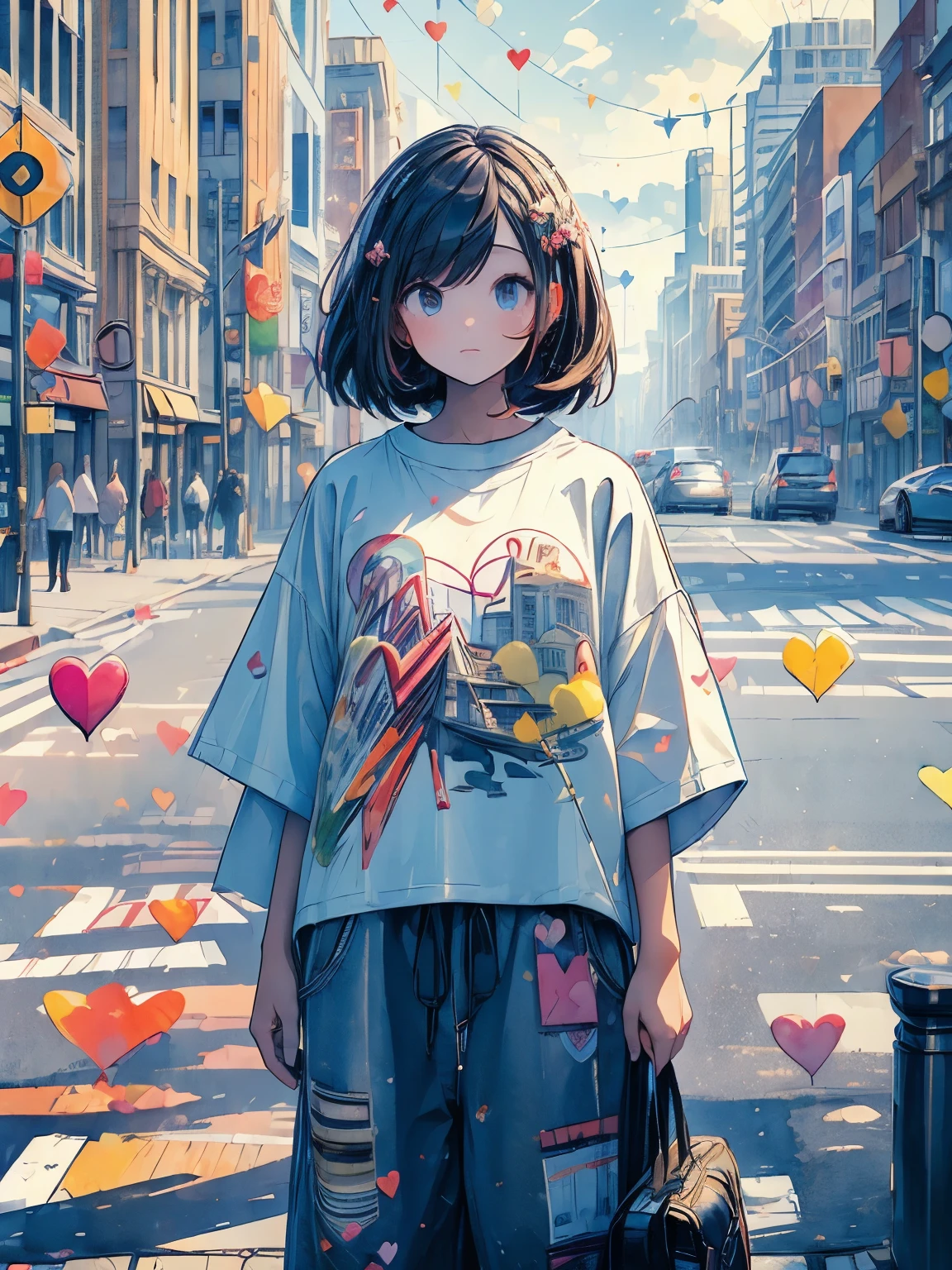 ((((masterpiece)))), highest quality, very_expensive_solve, Full Color, Gentle expression, Heart Eyes, 1 girl, Background heart cityscape, Street Style, Oversized T-shirt, Oversized pants, Looking at this, watercolor, Bokeh, Cityscape, whole body