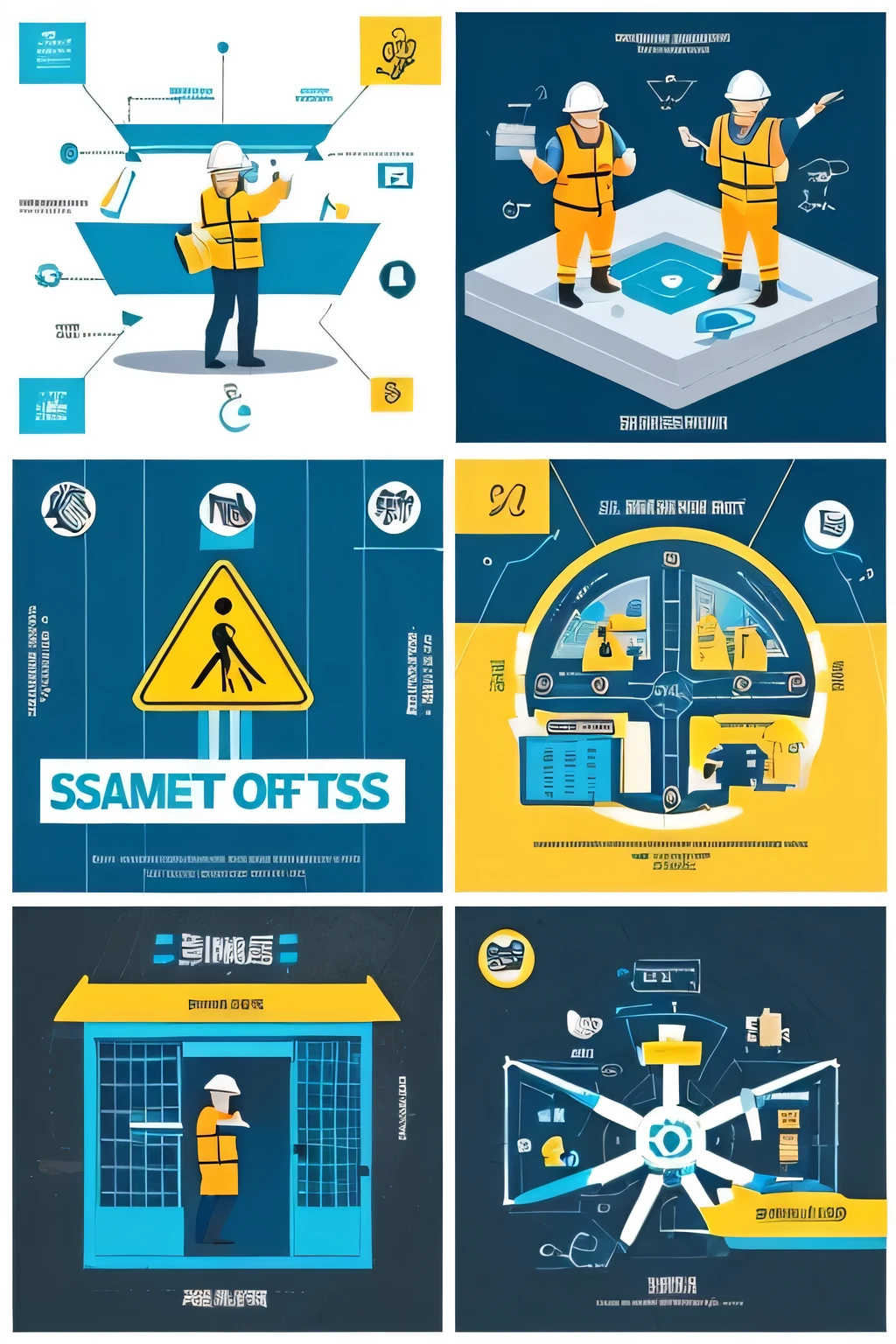Create a poster to raise safety awareness based on the following elements: 1. For employees who manage facilities that purify sewage systems. 2. Clear instructions.: Provide clear and concise instructions for safe work。③ Wear safety equipment: Emphasize wearing necessary safety equipment while working。Helmet、gloves、Draw protective equipment such as goggles。4. The importance of teamwork: To maintain a safe working environment、Emphasizes the importance of teamwork ⑤ Simple design ⑥ Visual expression、Use diagrams and icons 7. Practical examples、Insert concrete examples to show how to put the work steps into practice。
