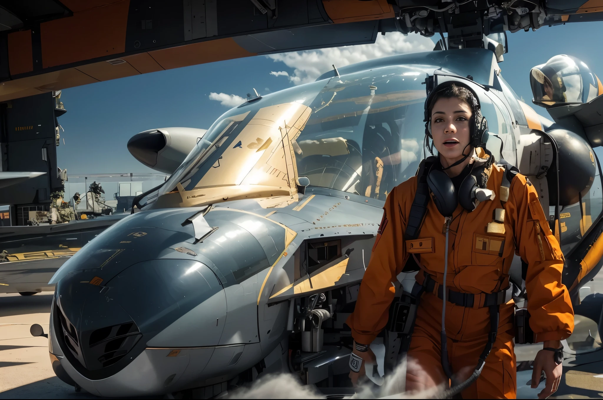 Aircraft carrier flight deck, A female deck worker gives departure instructions to a fighter jet.., Wear a helmet on your head, Intercom microphone on the mouth, Dynamic pose, Orange uniform, Crouching next to the flight deck, outside of home, Back view, Give a signal to the fighter with your left arm, fighter jet takes off