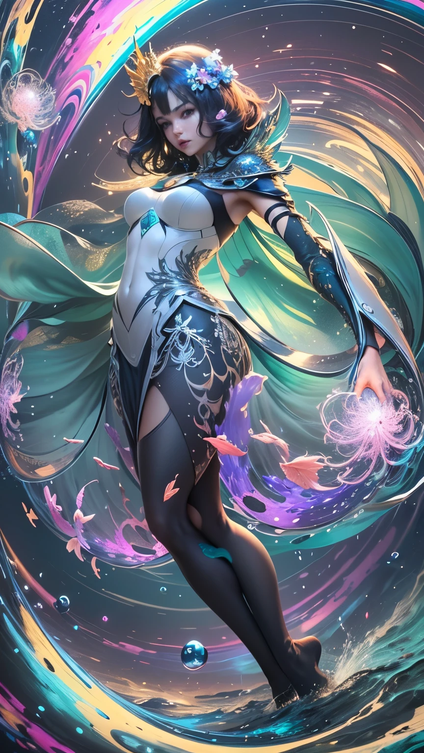 (masterpiece, highest quality),  Very detailed, ((Dark Mercury Oceanから生まれ出る光り輝く女性、whole body、My feet are immersed in a sea of mercury))、Small breasts, Expose your shoulders, short hair, Opal Sparkle Feather, metal ornaments, Rainbow colored water droplets, (Mercury particles), (Mercury Vortex), Particles of light, (Fractal Art: 1.2), (Glass gloss gradation: 1.1) Flowers, (Dynamic pose), (Abstract background: 1.3) , (Shiny skin),  (Mercury Droplets)、((Dark Mercury Ocean)), ((Blank background))、((A gradient background with white on top and black on the bottom))、