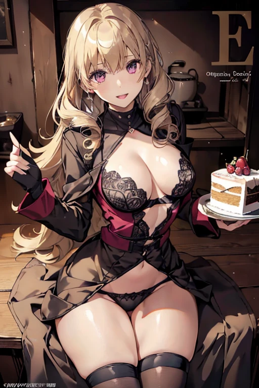 1 girl, small nose, very beautiful detailed face and eyes, bright colors, cute face, delicate beautiful face, Bright magenta eyes, cute eyes, sparkling eyes, Big eyes, (small breasts:1.3), (perky chest:1.1), (pointed chest:1.0), (cake magazine cover:1.3),highest quality, WorKs of masters, High resolution, Blonde color hair,shiny hair, side ponytail,hair between eyes,bangs, (black jacket, real clothes, cleavage, black skirts, black thighhighs, thigh strap, fingerless gloves, single glove:1.2) , spread legs, panties shot, medium hips, glamorous body, white skin, smile, thin pubric hair, super beautiful face, Super beautiful eyes, Super beautiful hair,trendy outfit,sexy and attractive,full body esbian, Real World, Natural light,perfect Natural light,(with sparkling eyes and a contagious smile), This masterpiece is not only visually stunning but also tells, make of cake cooking , in the kitchen, open mouth, looking at viewer,