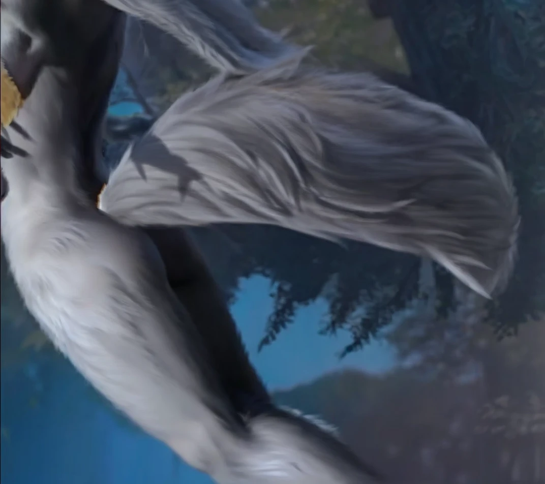 anthro, white werewolf, female, adult, sexy, buffed body, beefy body, furred body, fluffy butt, furry chest hair, in the forest, realistic, full body, photorealistic, ultra realistic, 8k, bare-chested, black nipples, blue eyes, back turned posing