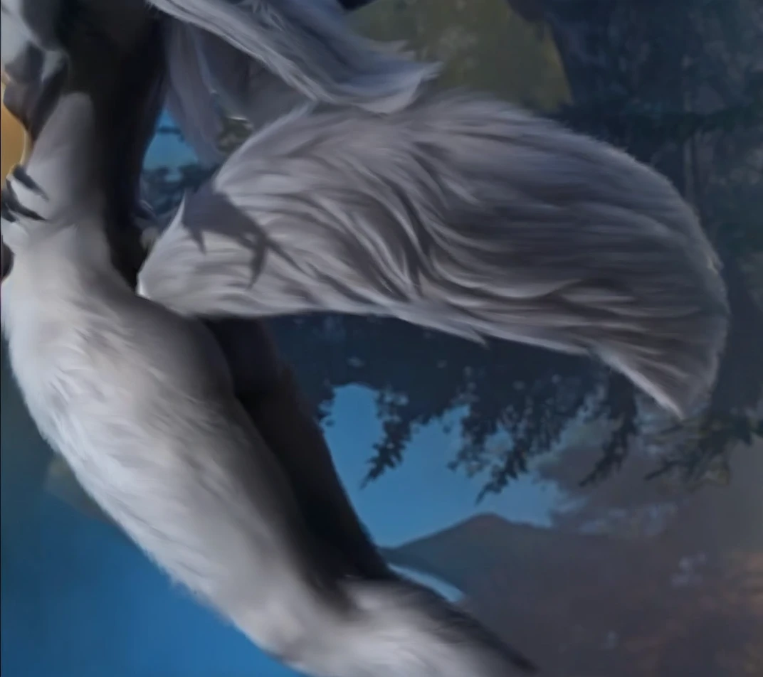 anthro, white werewolf, female, adult, sexy, buffed body, beefy body, furred body, fluffy butt, furry chest hair, in the forest, realistic, full body, photorealistic, ultra realistic, 8k, bare-chested, black nipples, blue eyes, back turned posing
