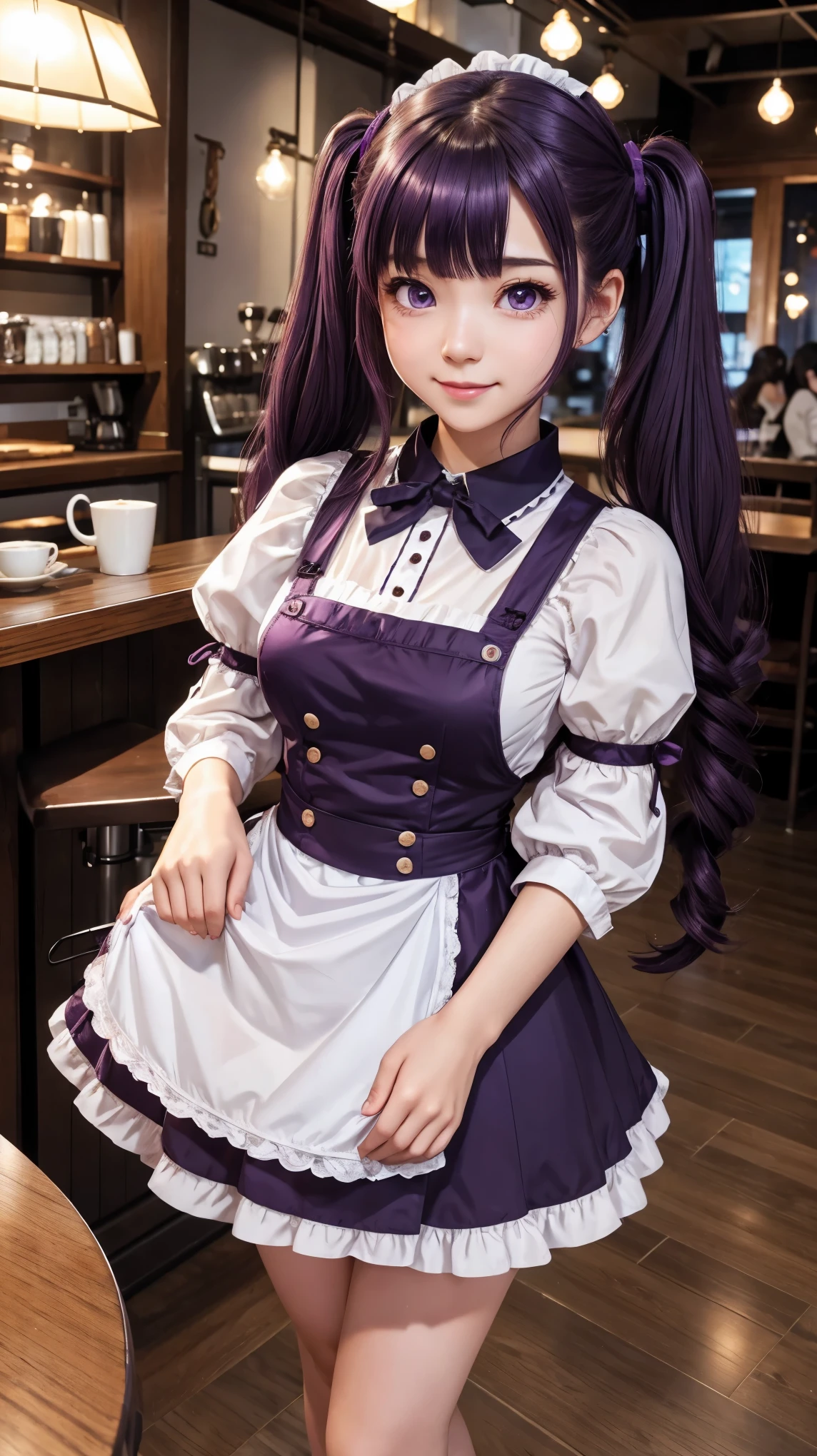 8K、highest quality、Coffee shop、Detailed hair、girl、Dark purple hair、Twin tails、Delicate face、smile、Beautiful little eyes、Hands behind back、Blushed face、Black, red and yellow maid outfit、Maid's Cap、Big Tits:1.8、Cleavage、Open the chest、Very big 、 Narrow waist、Glowing Skin、Fair skin、View from above、White bra、Large, swollen breasts、