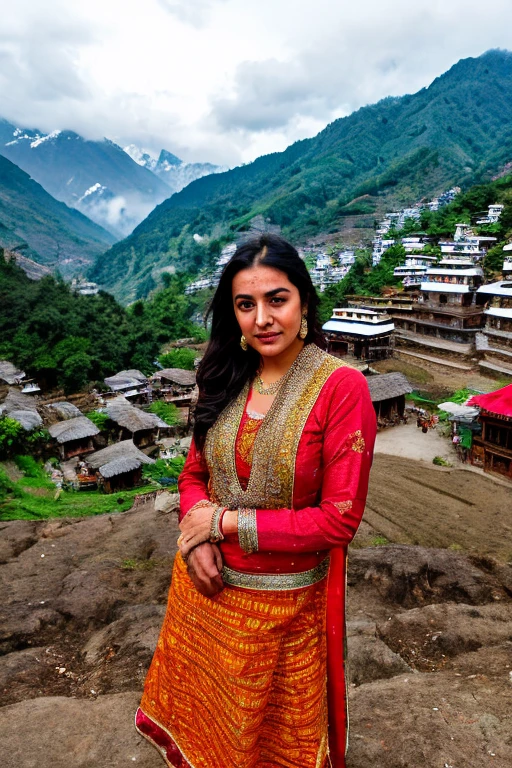 Create a realistic and ultra-detailed photo featuring a Pahari girl with facial features similar to Preeti Zinta, ultra 4K lens, including beautiful small eyes, lips, and nose. She is dressed in traditional Himachali attire, standing in front of a traditional mud house with the stunning Himalayas in the background. The scene is set in a picturesque Himalayan village, showcasing the vibrant and colorful Himachali dress, rich in cultural detail. Capture the essence of the Gaddi culture and the beauty of the region with ultra 8k quality.