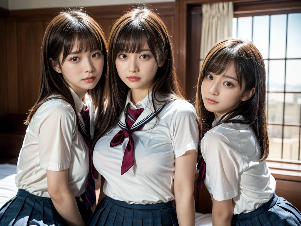 (RAW photo, 4k, masterpiece, high resolution, extremely complex) (realistic: 1.4), cinematic lighting
 ((2 girls, 2 schoolgirls)),Slam Dunk's,blushing,((innocent)),(Dark makeup),bright eyes,round eyes,blunt bangs,(straight hair:1.3),black hair,large breasts,wide hips,Summer Noon, 20 year old girl、cute type、lolita,Hot, (Best Quality), (Highres), (an Extremely Delicate and Beautiful),(Beautiful 8k face),(Brown eyes),short bob hair,( spectators),(gigantic breasts),(Play with each other,Touching each other's bodies,Touching the body),(Japanese high school uniform:1.3),blue skirt,(reality),bright lighting,(The background is a luxury hotel room)
