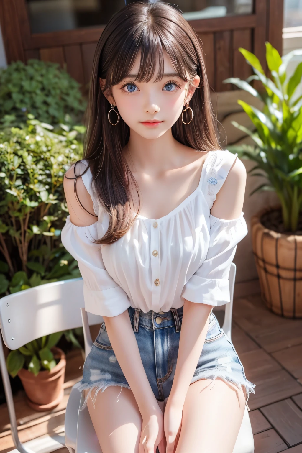 detailed face, cute face, brown eye, master piece , best quality , highly detailed , (matured female) , (chair) , (sitting) , (v arms) , blouse , short denim ,( Beautiful white glowing skin, incomparable beauty, bright, fresh, gentle expression, perfect beautiful beautiful cute face, shiny platinum blonde silk super long straight hair, beautiful shiny bangs, eyeliner, big clear sky blue eyes,, earrings)