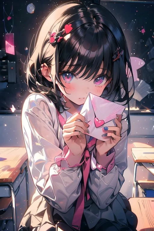 1girl,solo,cute,black hair,she give a letter,,perfect fingers,love letter,perfect letter,heart,envelope,pink,in classroom,around desk,after school