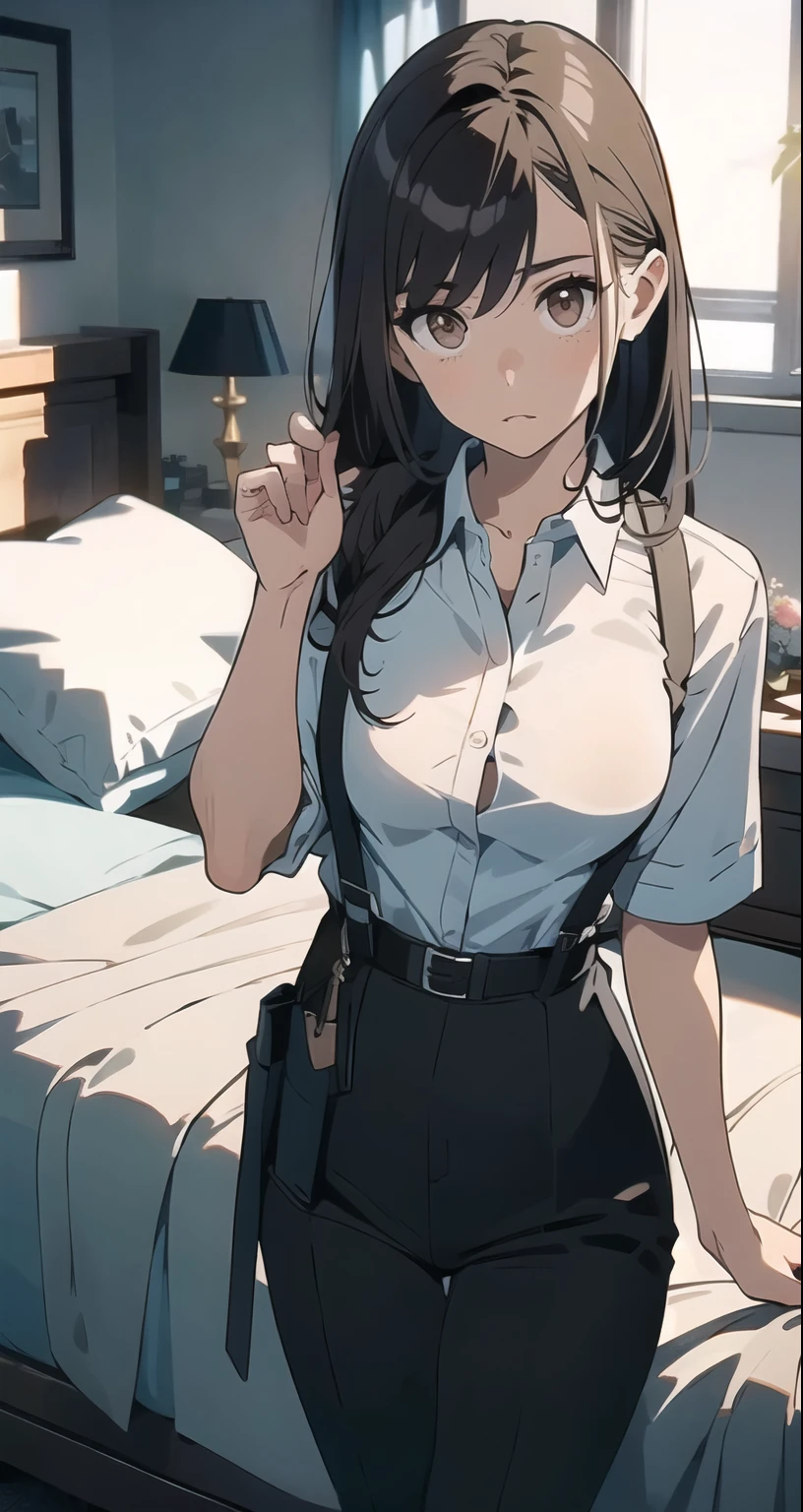 Brown Hair、Staring at the audience　　　Black suspenders　　　bulging big breasts　　 　 　　　wall: 　Black pantsuit　　　　　　sight　　　Small face　 　　　holster　　　Beautiful woman　　Show your hand　　 Lying in bed　　sight 　　Taunt　side　side汗 　arm　Dress shirt　Black Suit　belt