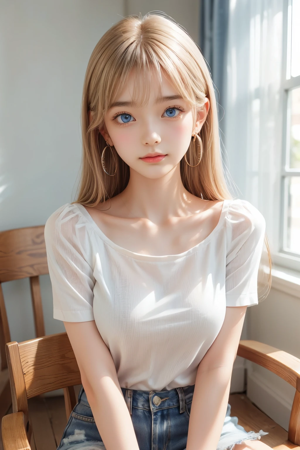 detailed face, cute face, brown eye, master piece , best quality , highly detailed , (matured female) , (chair) , (sitting) , (v arms) , blouse , short denim ,( Beautiful white glowing skin, incomparable beauty, bright, fresh, gentle expression, perfect beautiful  cute face, shiny platinum blonde silk super long straight hair, beautiful shiny bangs, eyeliner, big clear sky blue eyes,, earrings)