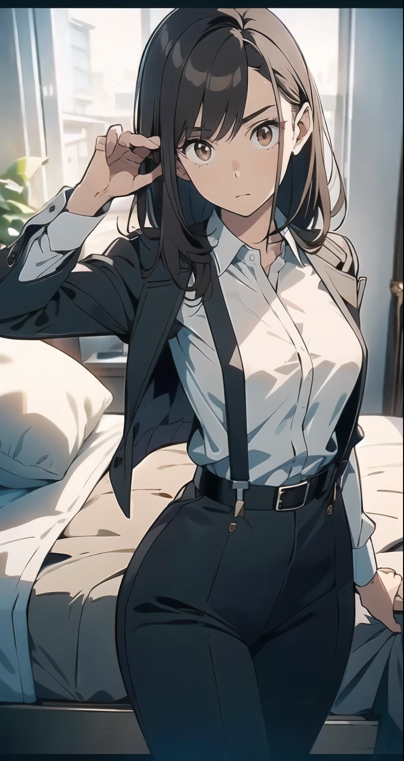 Brown Hair、Staring at the audience　　　Black suspenders　　　bulging big breasts　　 　 　　　wall: 　Black pantsuit　　　　　　sight　　　Small face　 　　　holster　　　Beautiful woman　　Show your hand　　 Lying in bed　　sight 　　Taunt　side　side汗 　arm　Dress shirt　Black Suit　belt